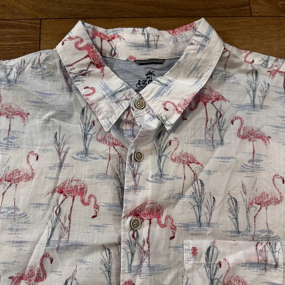 IZOD Saltwater Mens 2XB Flamingo Print Short Sleeve Button Down Shirt White NWT